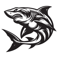 Modern Tribal Shark Vector Design – Fierce Black and White Illustration of an Aggressive Ocean Predator with Sharp Lines and Dynamic Motion – Ideal for Tattoo Art, Sports Team Branding, Streetwear Gra
