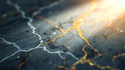 A striking close-up of dark grey marble with intricate gold kintsugi repairs, illuminated by a warm, ethereal glow.