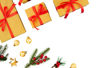 fir branch with gifts box for background copy space