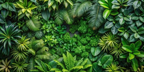 Lush green foliage from top view in a garden, dense foliage, landscape,  dense foliage, landscape, forest floor