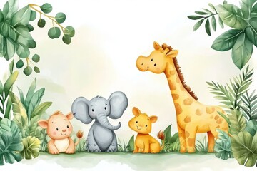 Naklejka premium Colorful and imaginative watercolor safari scene with a decorative border.