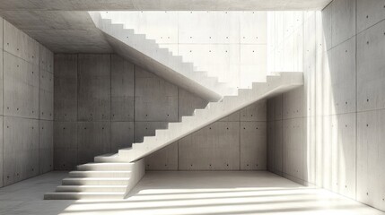 Fototapeta premium Modern concrete staircase with sunlight illuminating its steps in a minimalist, spacious interior. Angular design