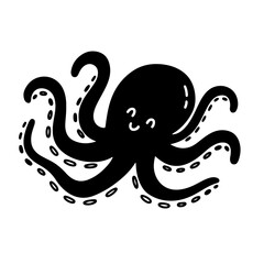 A cute cartoon octopus illustration in black, displaying a playful mood.