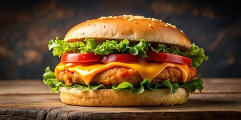 A juicy burger patty topped with crispy chicken, melted cheese, lettuce