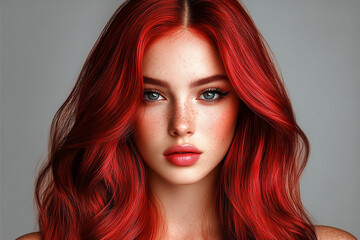 Obraz premium Seorang model berambut merah dengan riasan cerah dan rambut panjang memamerkan pesonanya dalam mode close-up, menonjolkan mata dan bibirnya.