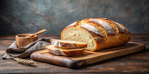 A loaf of freshly baked bread sitting on a wooden cutting board with a few slices cut out, homemade, baking,  homemade