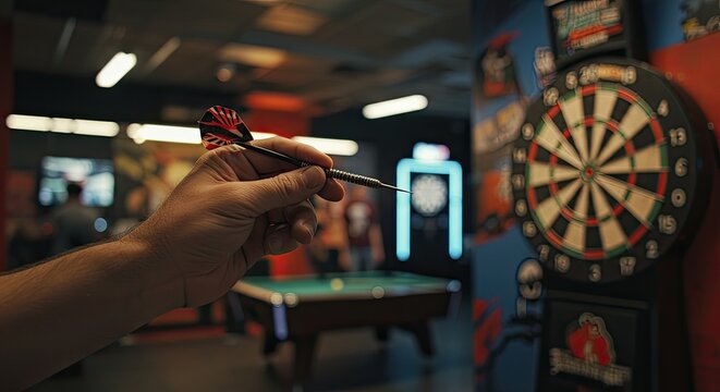 A hand holding a dart about to be thrown at a dartboard in a game room