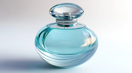 A round, light-teal glass perfume bottle with a domed, silver-capped top.  Clear liquid fills the bottle, reflecting light