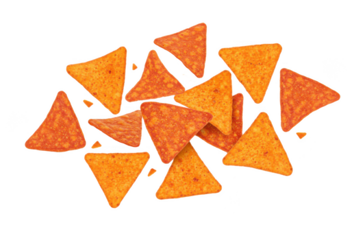 Pile of orange tortilla chips isolated on transparent background