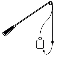 Black and White Vector Illustration of a Fishing Rod with Reel and Hanging Tag or Label