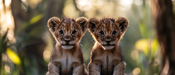 Obraz premium Two adorable lion cubs sit side-by-side, gazing intently at the camera. Golden hour sunlight filters through the lush green foliage behind them