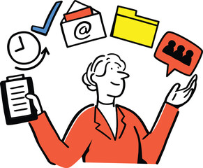 A flat style woman organizing project folders, emails, and checklists for a team using a clipboard and scheduling icons.