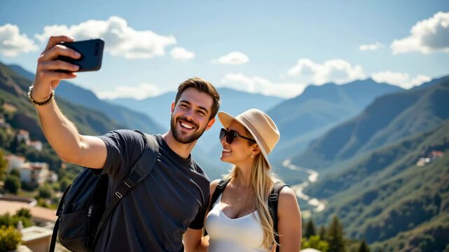 A smiling couple takes a selfie outdoors with scenic mountains and a winding road in the background under a clear sky.