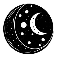Black and White Vector Illustration of a Crescent Moon with Stars in a Circular Night Sky Design