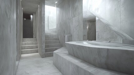 Modern spa interior, featuring minimalist design, stairs, tubs, and natural light. Gray tones prevail