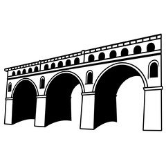 Black and White Vector Illustration of a Classical Viaduct Bridge Silhouette with Arched Supports
