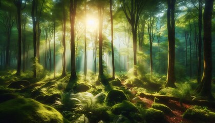 Obraz premium Sunlight filters through the dense canopy of a vibrant green forest, casting long shadows across the mossy forest floor.