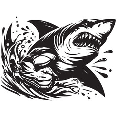 Aggressive Muscular Shark Mascot Illustration – Black and White Vector Art for Sports or Branding