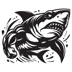 Aggressive Muscular Shark Mascot Illustration – Black and White Vector Art for Sports or Branding