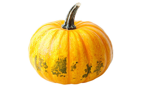 a small yellow pumpkin with a black stem