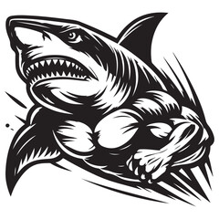 Aggressive Muscular Shark Mascot Illustration – Black and White Vector Art for Sports or Branding