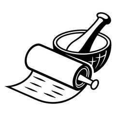 Black and White Vector Illustration of a Rolling Pin Resting on a Mixing Bowl