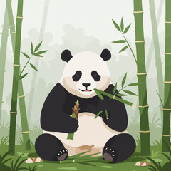 Panda Eating Bamboo Shoot in Forest Vector Illustration Graphic