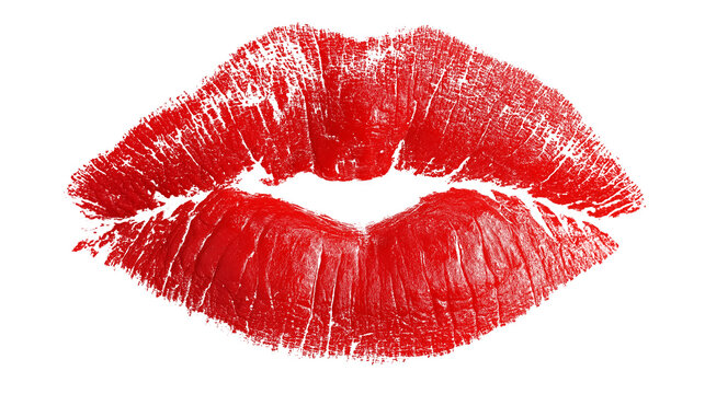 Red lipstick mark kiss isolated on white and transparent background, cut out png