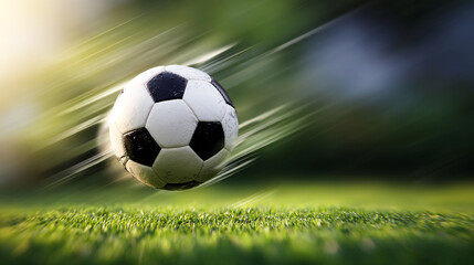 Naklejka premium Fast Flying Soccer Ball Over Green Grass Field