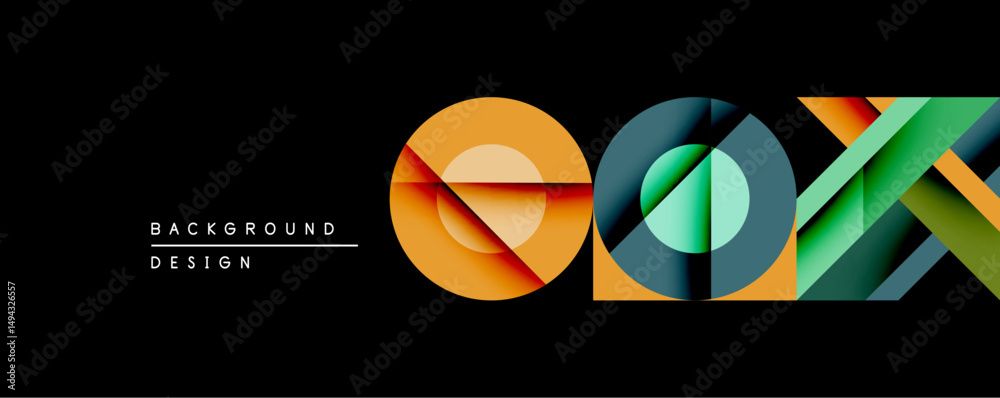 Poster abstract geometric shapes overlap, creating vibrant color gradients. orange, teal, blue hues dominat