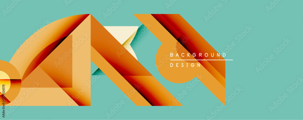 Poster Abstract geometric composition. Orange layers overlap turquoise backdrop creating dynamic visual effect. Modern design elements suggest depth, texture, sophistication.