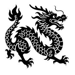 A black illustration of a stylized Chinese dragon, coiled and detailed.