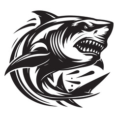 Modern Tribal Shark Vector Design – Fierce Black and White Illustration of an Aggressive Ocean Predator with Sharp Lines and Dynamic Motion – Ideal for Tattoo Art, Sports Team Branding, Streetwear Gra