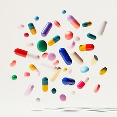 Colorful capsules and tablets in mid-air (1)