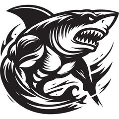 Aggressive Muscular Shark Mascot Illustration – Black and White Vector Art for Sports or Branding