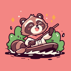 Raccoon Rowing Canoe on Water with Paddle