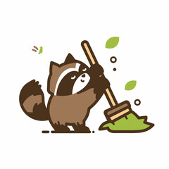 Raccoon Cleaning Floor with Broom and Leaves