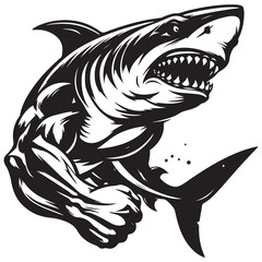 Aggressive Muscular Shark Mascot Illustration – Black and White Vector Art for Sports or Branding