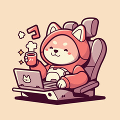 Dog in Hoodie Using Laptop with Coffee