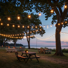 decorative string lights illuminate a cozy outdoor