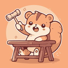 Squirrel Carpenter Hammering Nail into Wooden Bench