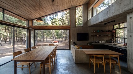 Fototapeta premium Modern interior with wooden tables, concrete walls, large windows, forest view