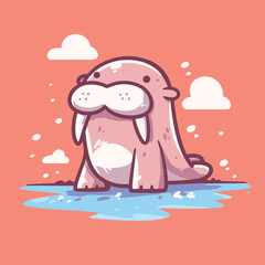 Cute Pink Walrus on Ice Floe Smiling