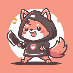 Hooded Fox Character Holding Large Knife Fiercely