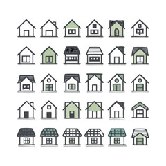 Web home icon set for websites and apps. Simple house symbol. Flat real estate sign. Main page pictogram in filled, thin line, outline and stroke style. Isolated illustration.
