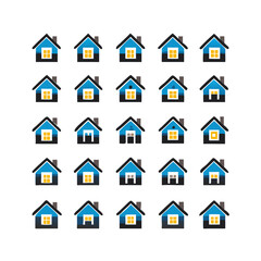 Web home icon set for websites and apps. Simple house symbol. Flat real estate sign. Main page pictogram in filled, thin line, outline and stroke style. Isolated illustration.
