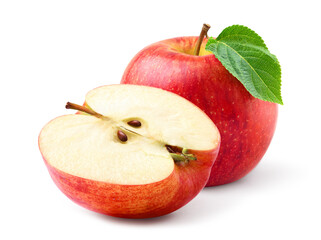 Fresh red apple with cut in half isolated on white background.