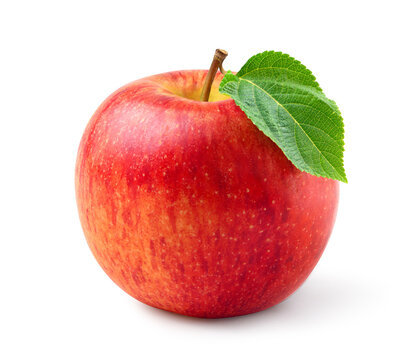 Fresh red apple with leaf  isolated on white background. 
