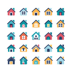 Web home icon set for websites and apps. Simple house symbol. Flat real estate sign. Main page pictogram in filled, thin line, outline and stroke style. Isolated illustration.
