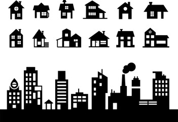 Black silhouette of urban and residential buildings in two rows on a transparent background, perfect for cityscape illustrations, architecture designs, infographics, and minimalist branding